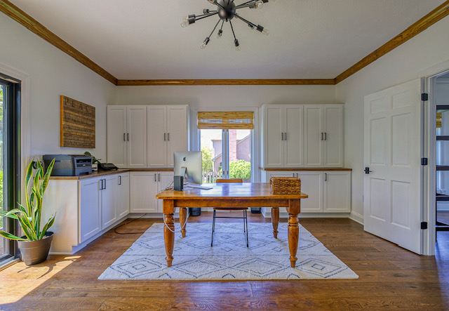 modern rustic office with white cabinetry