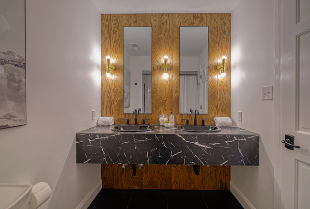 black and oak custom bath