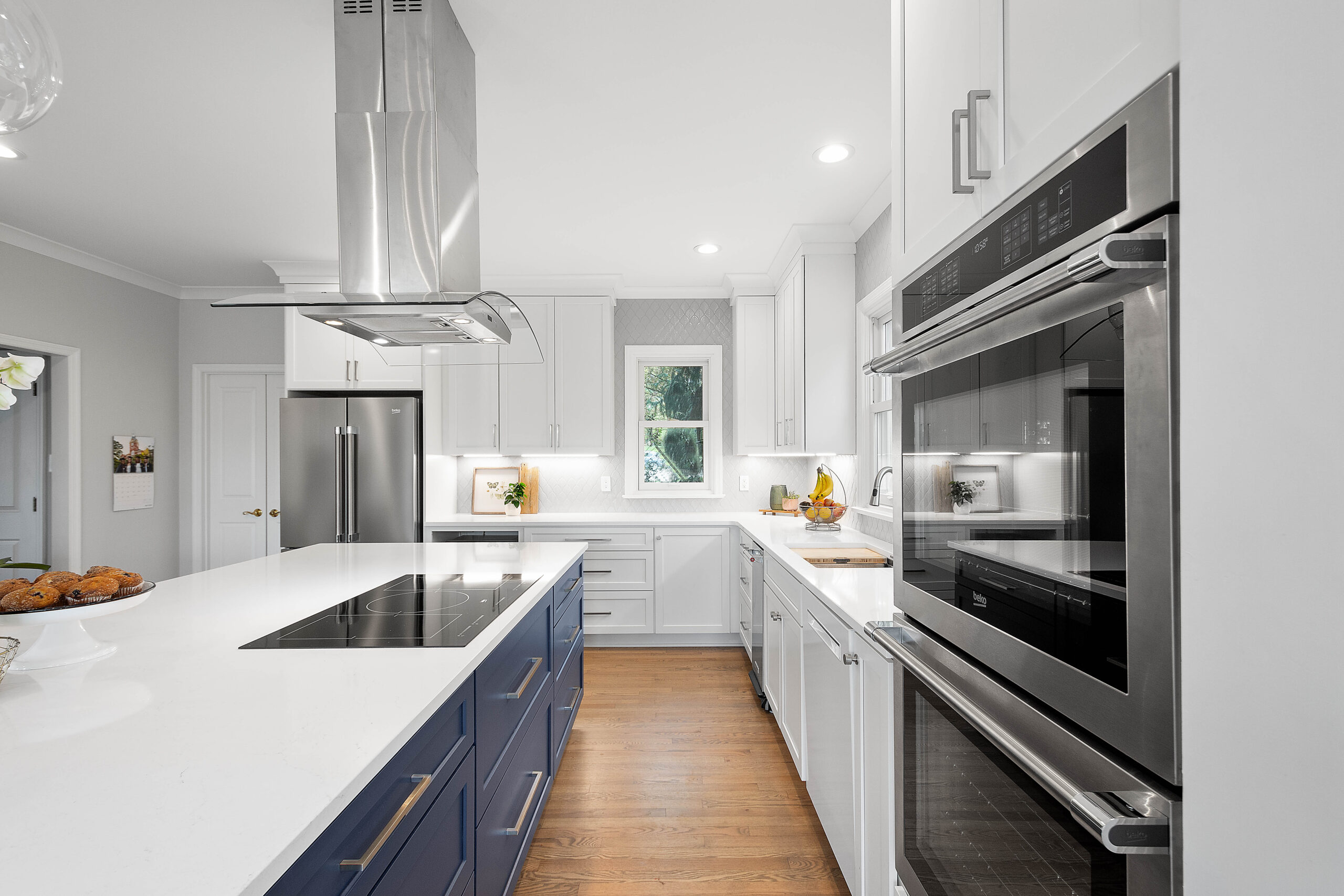 white and blue kitchen